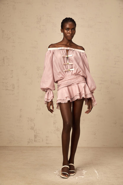 Dulcie pink off-shoulder bowknot flounced mini dress