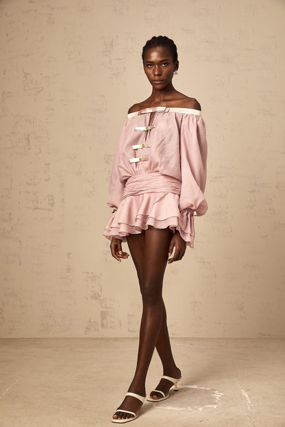 Dulcie pink off-shoulder bowknot flounced mini dress