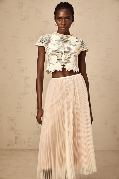 Perle neutrals floral-appliqué top & skirt matching set