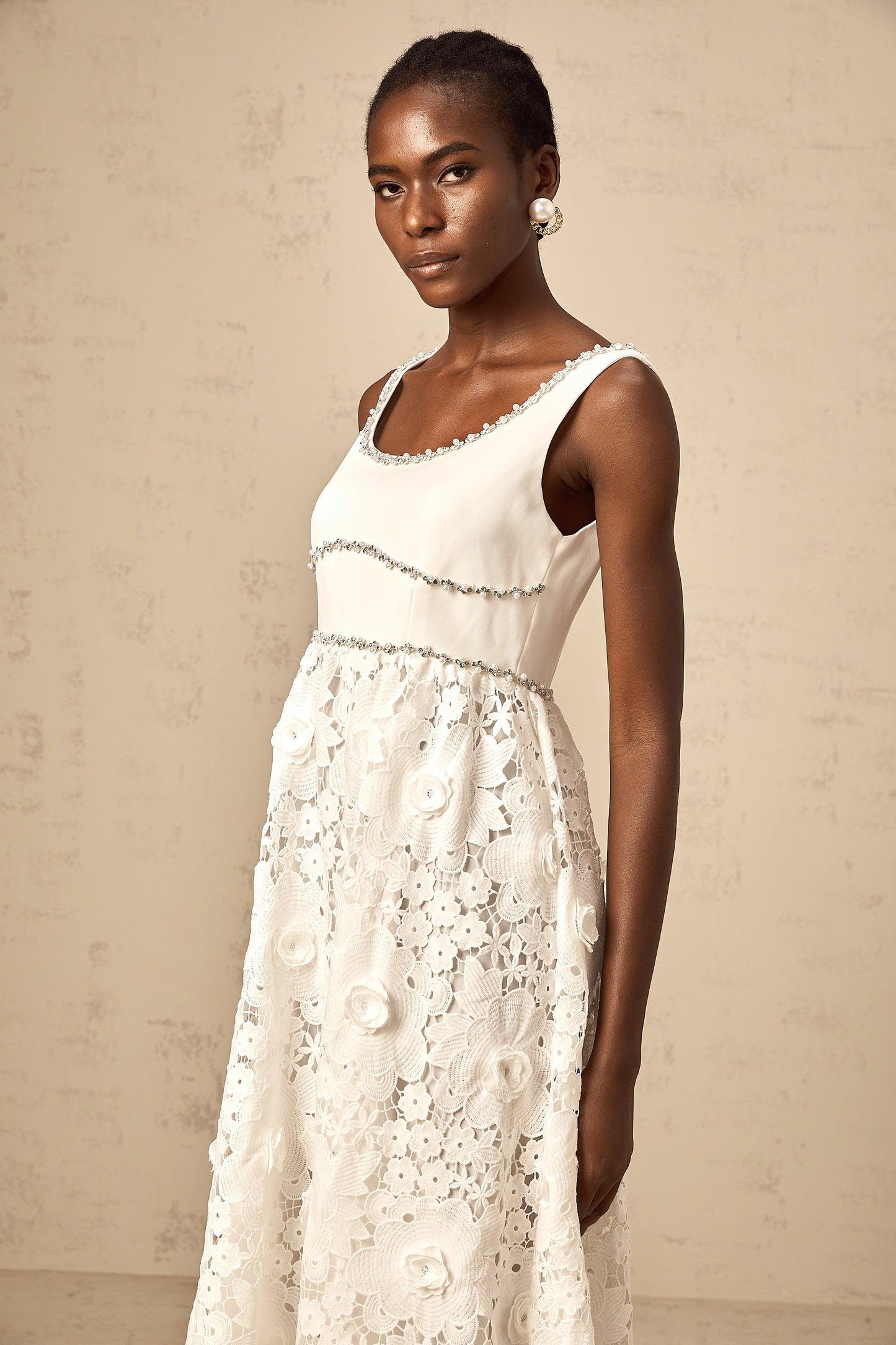 Poema white embellished lace midi dress