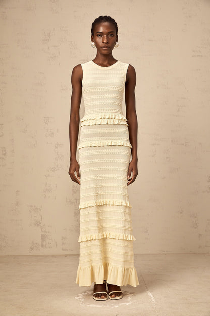 Airelle beige ruffled sleeveless knit maxi dress