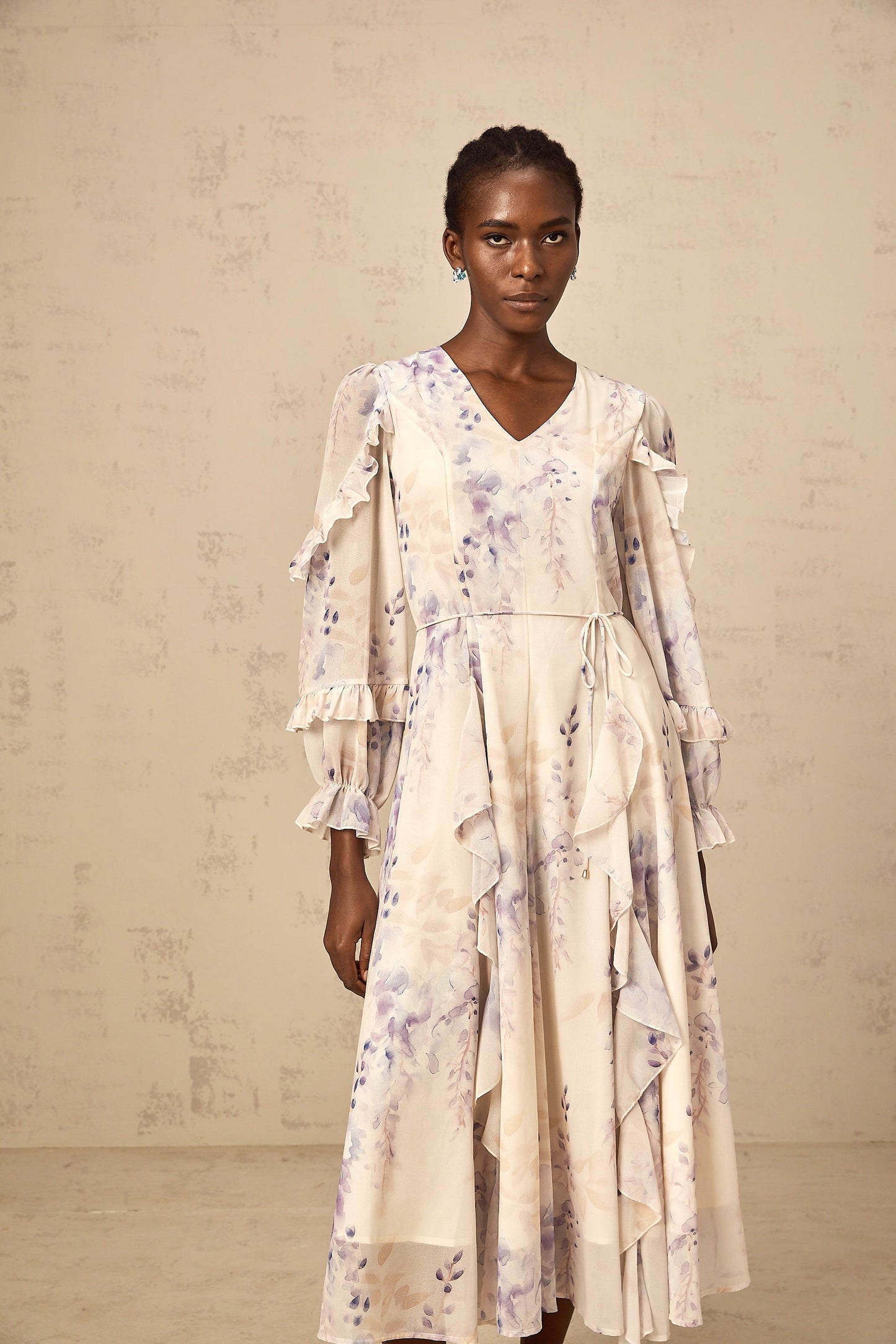 Vivien neutrals wistaria-print flared midi dress