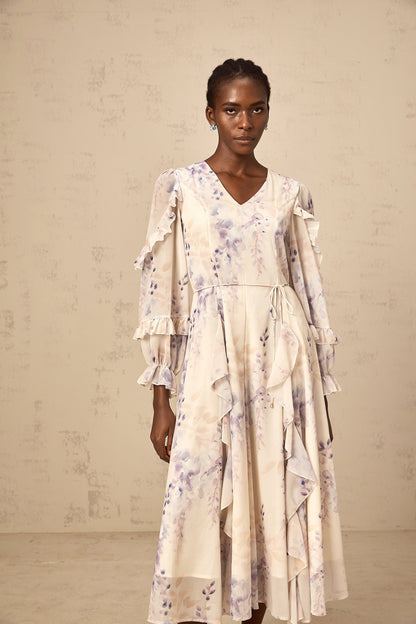 Vivien neutrals wistaria-print flared midi dress