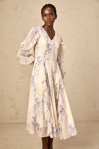 Vivien neutrals wistaria-print flared midi dress