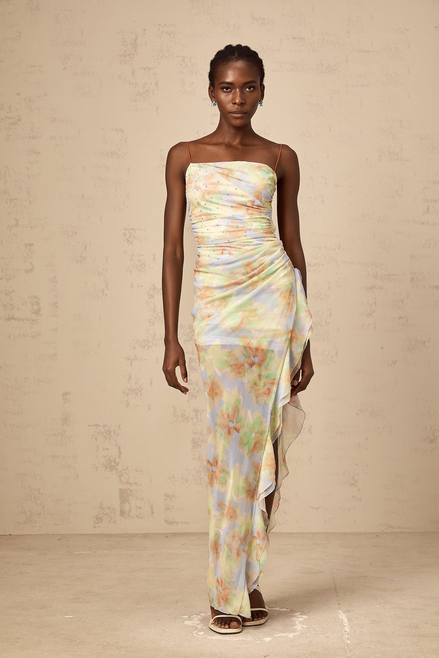 Yseult asymmetrical floral-print ruched maxi dress