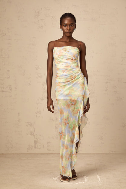 Yseult asymmetrical floral-print ruched maxi dress