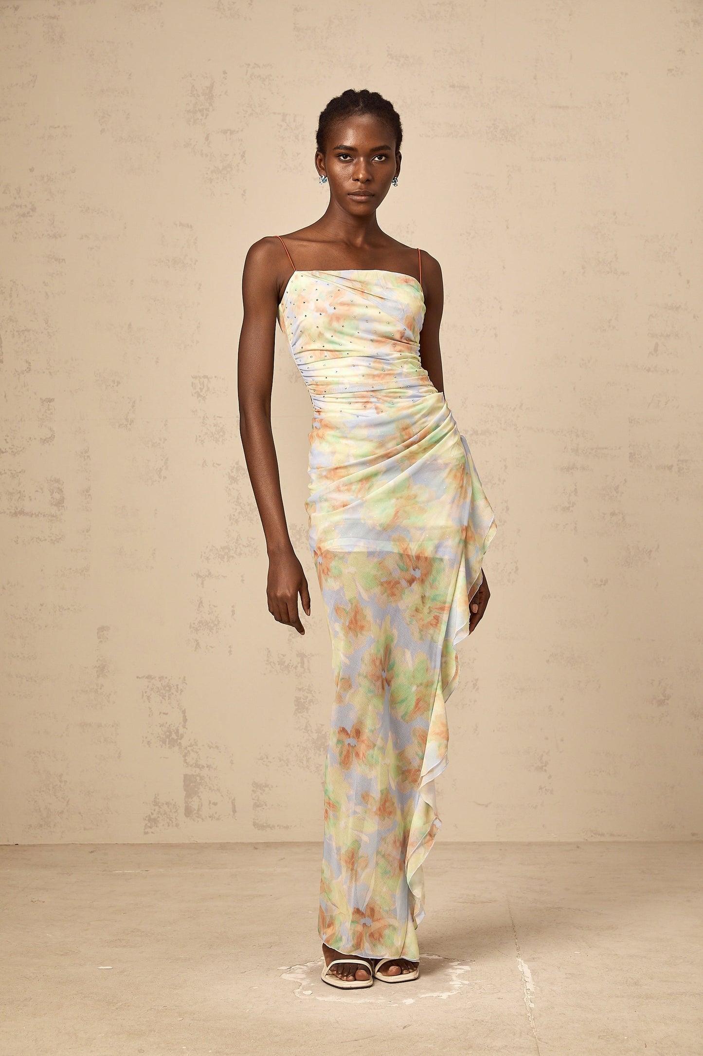 Yseult asymmetrical floral-print ruched maxi dress