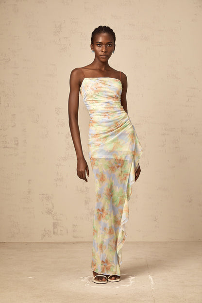 Yseult asymmetrical floral-print ruched maxi dress