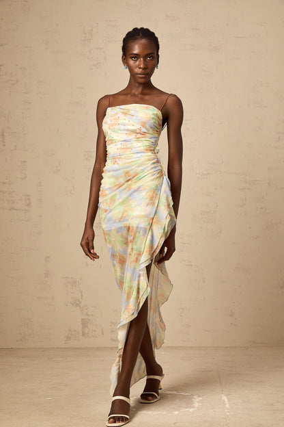 Yseult asymmetrical floral-print ruched maxi dress