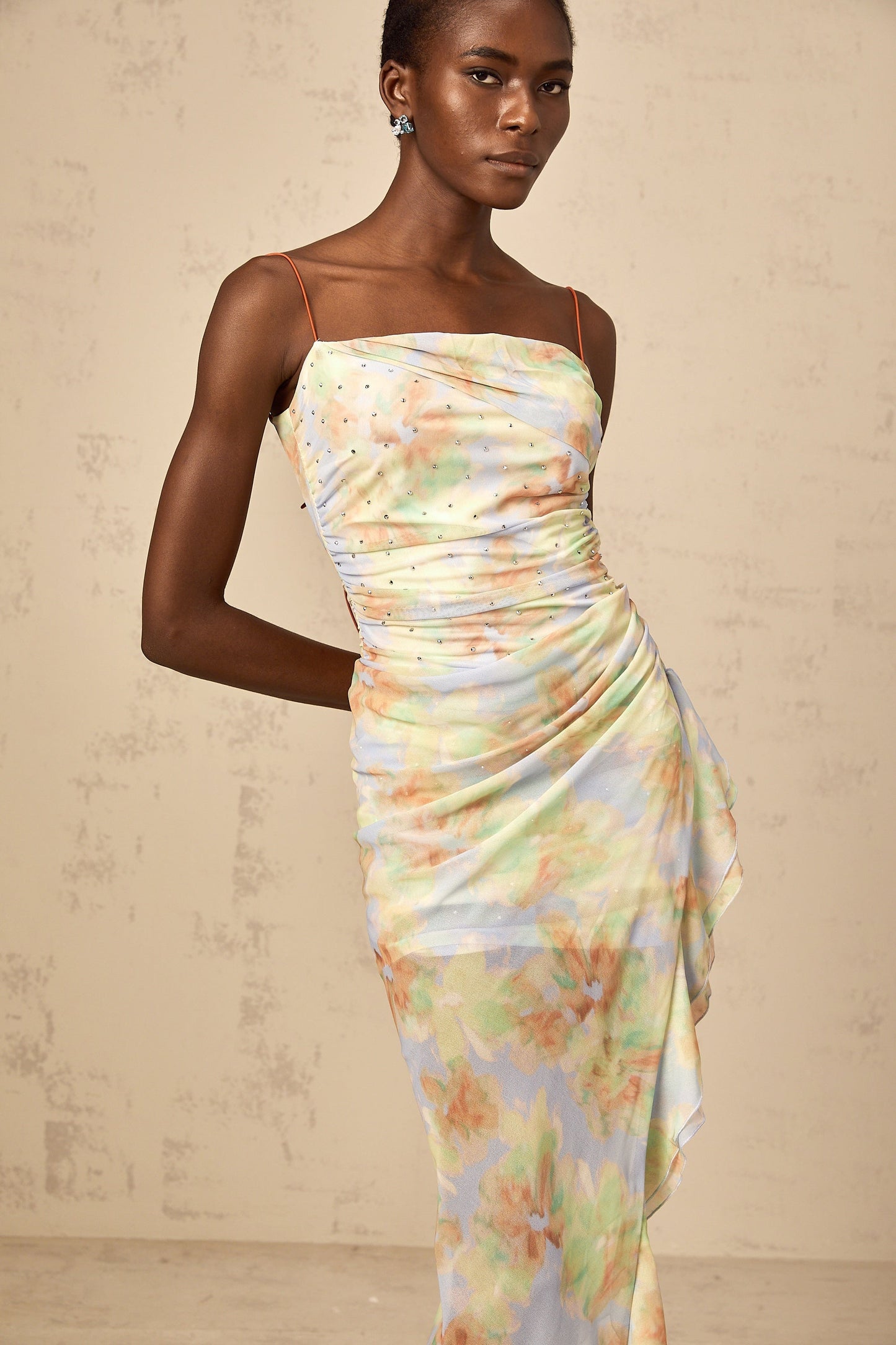 Yseult asymmetrical floral-print ruched maxi dress