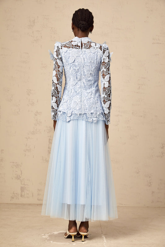 Nicolette blue sequined lace top & skirt matching set