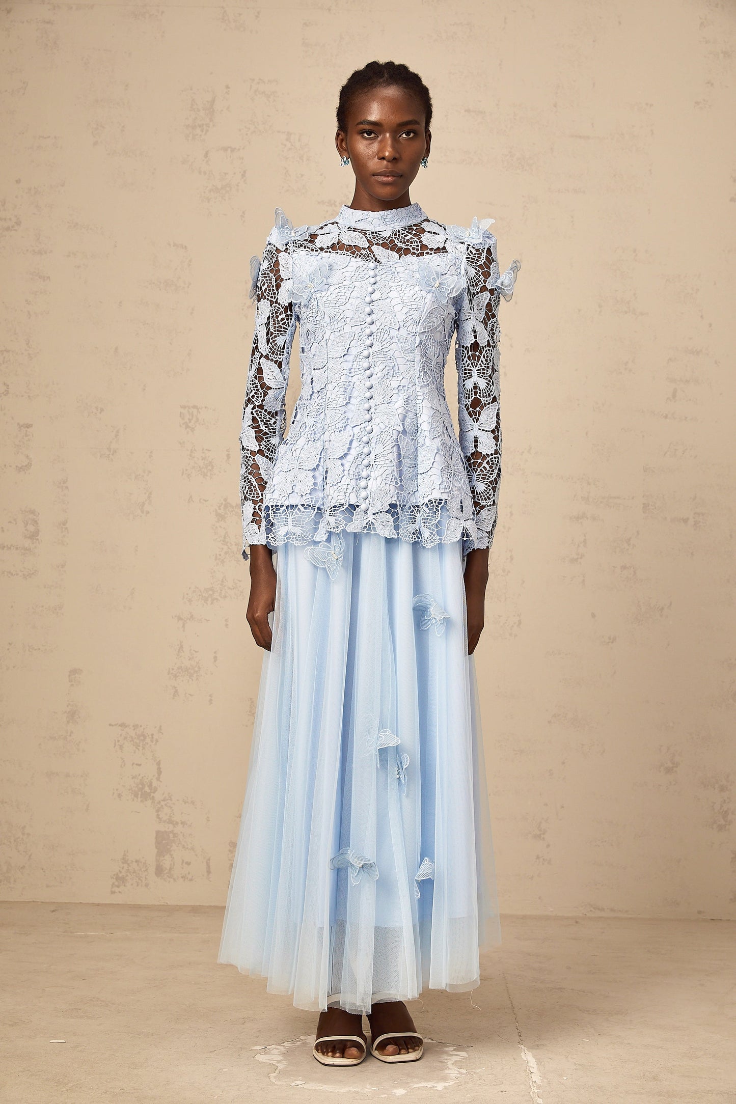 Nicolette blue sequined lace top & skirt matching set
