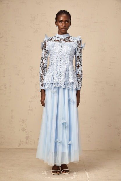 Nicolette blue sequined lace top & skirt matching set