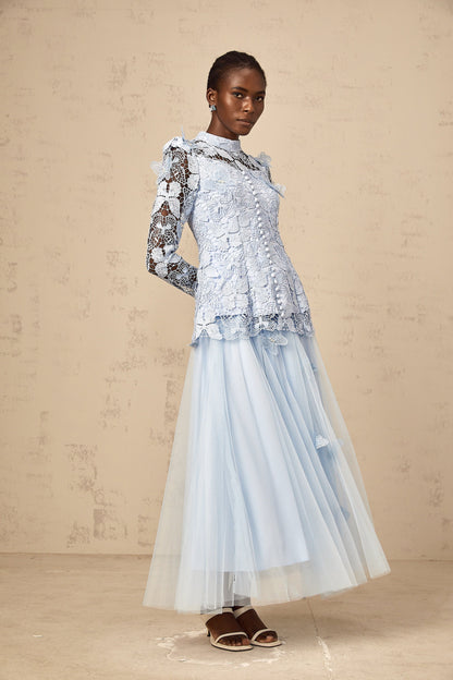 Nicolette blue sequined lace top & skirt matching set