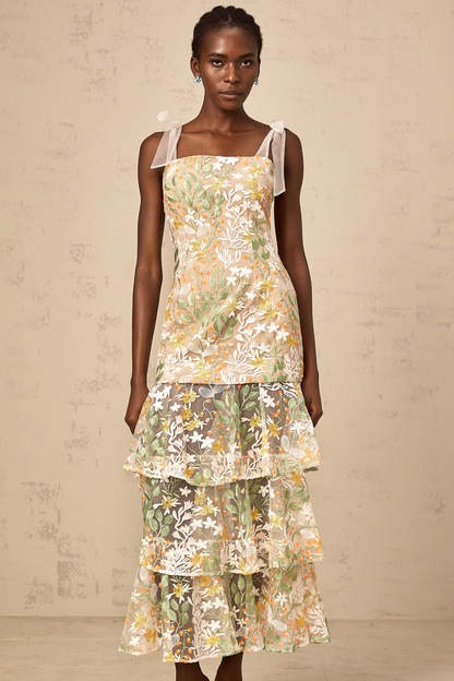 Bérénice white flower-embroidered tiered midi dress