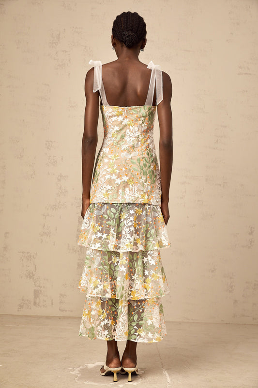 Bérénice white flower-embroidered tiered midi dress