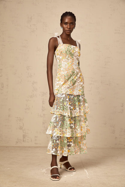 Bérénice white flower-embroidered tiered midi dress