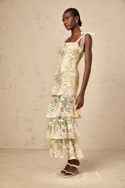 Bérénice white flower-embroidered tiered midi dress
