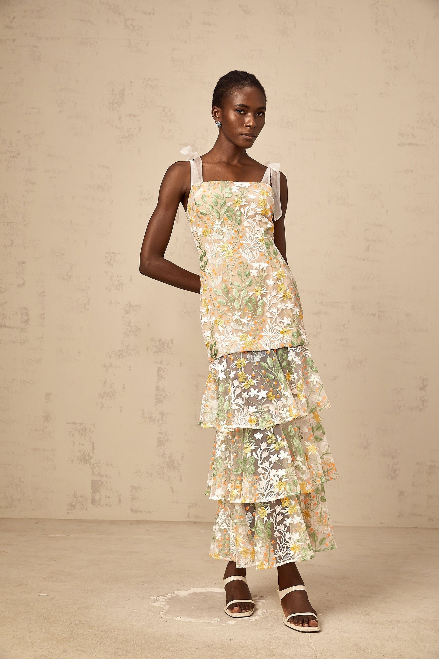 Bérénice white flower-embroidered tiered midi dress