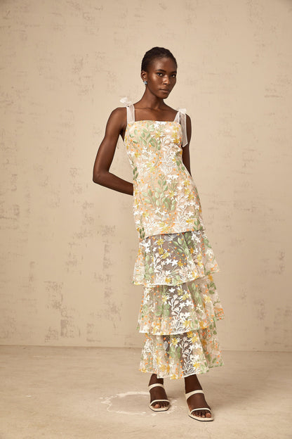 Bérénice white flower-embroidered tiered midi dress