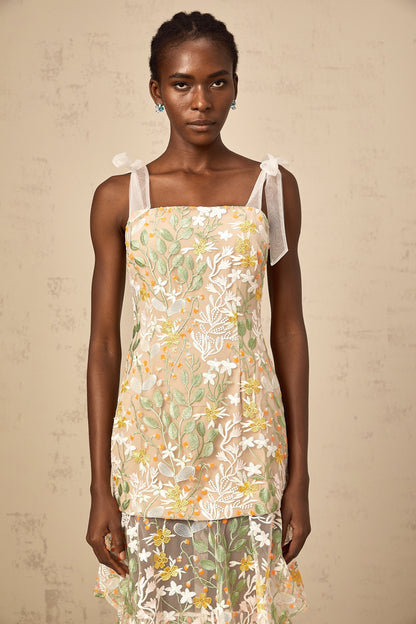 Bérénice white flower-embroidered tiered midi dress