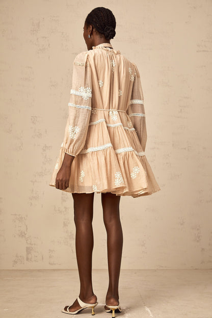 Margaux neutrals flower-embroidered tiered mini dress