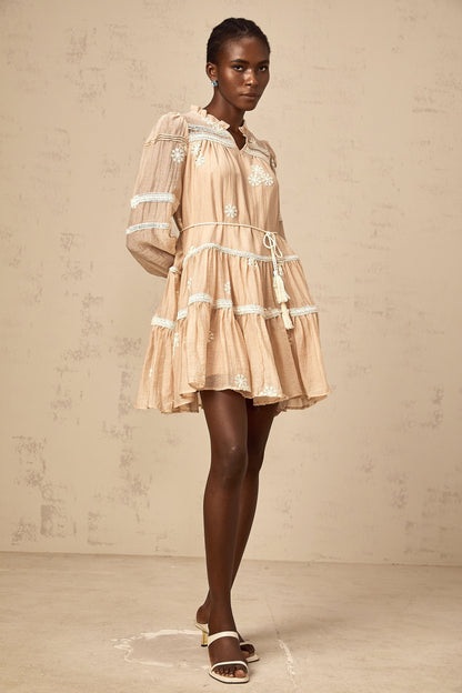 Margaux neutrals flower-embroidered tiered mini dress