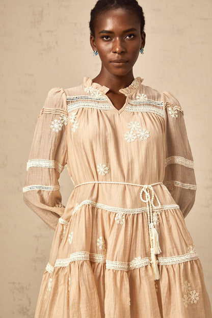 Margaux neutrals flower-embroidered tiered mini dress