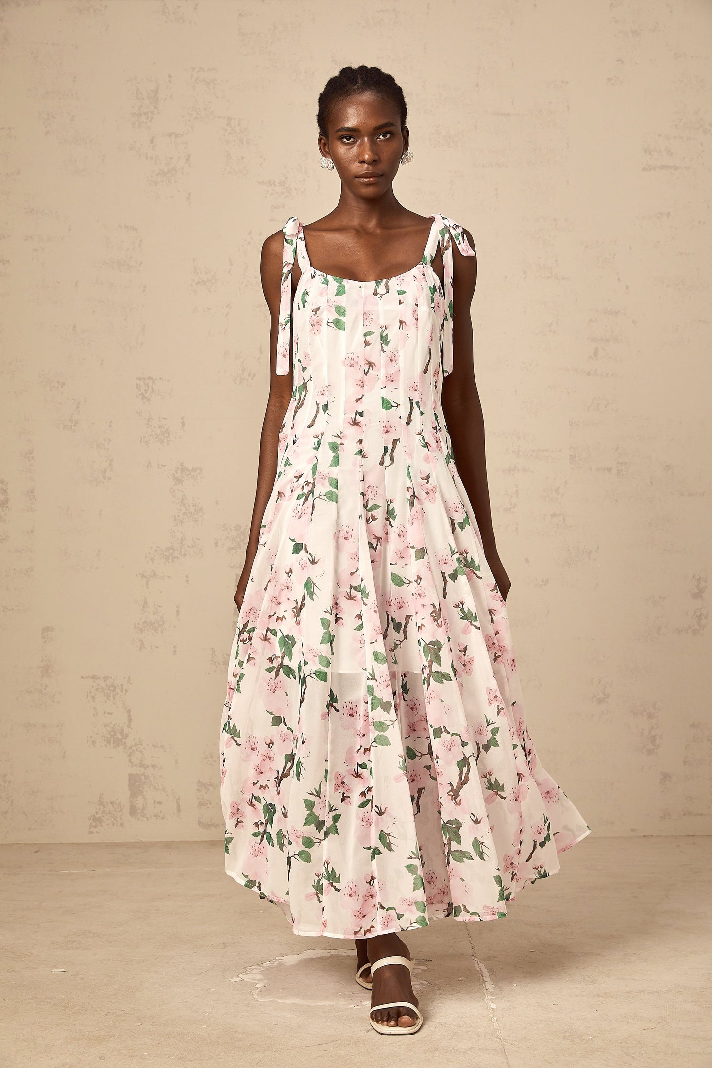 Noèle pink floral-print tied-strap maxi dress