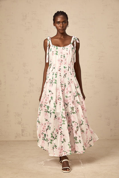 Noèle pink floral-print tied-strap maxi dress