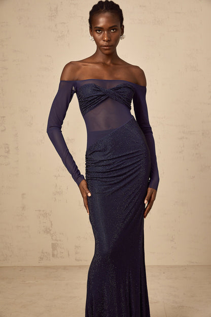 Hermine dark-blue embellished tulle-panel corset maxi dress