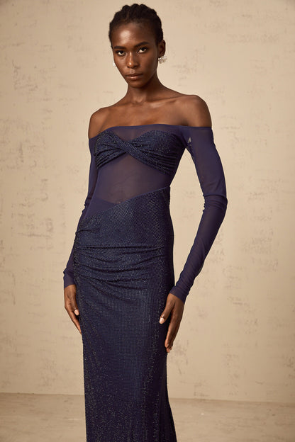 Hermine dark-blue embellished tulle-panel corset maxi dress
