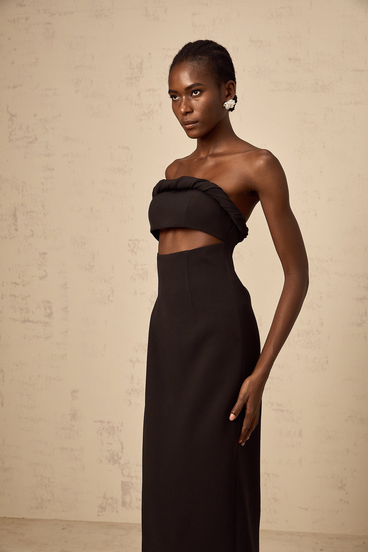 Florence black off-shoulder cut-out fitted midi dress