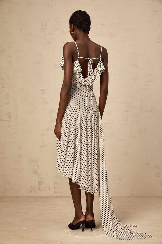 Véronica white polka-dot asymmetrical midi dress