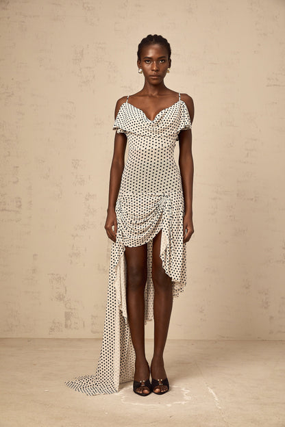 Véronica white polka-dot asymmetrical midi dress