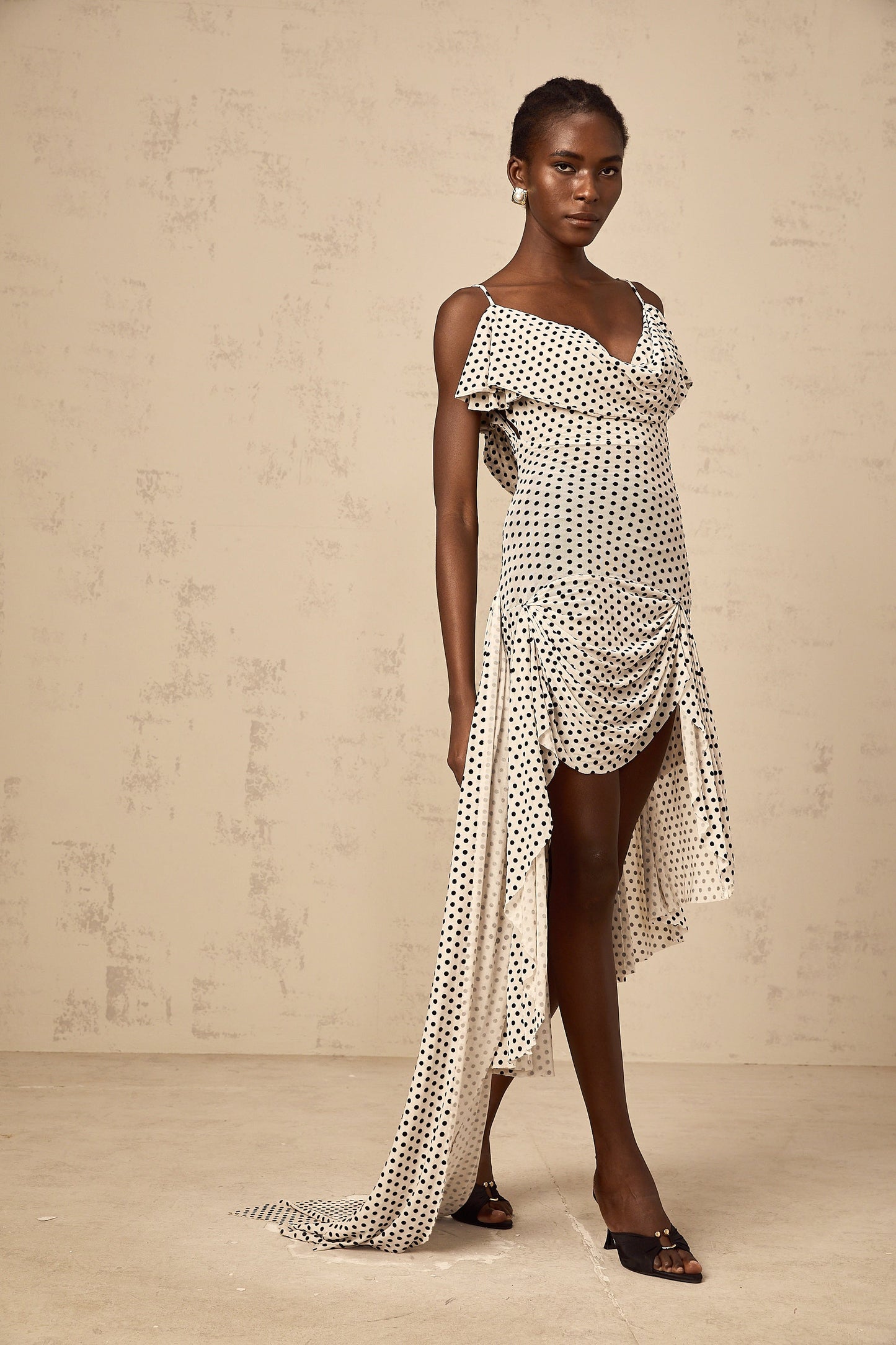 Véronica white polka-dot asymmetrical midi dress