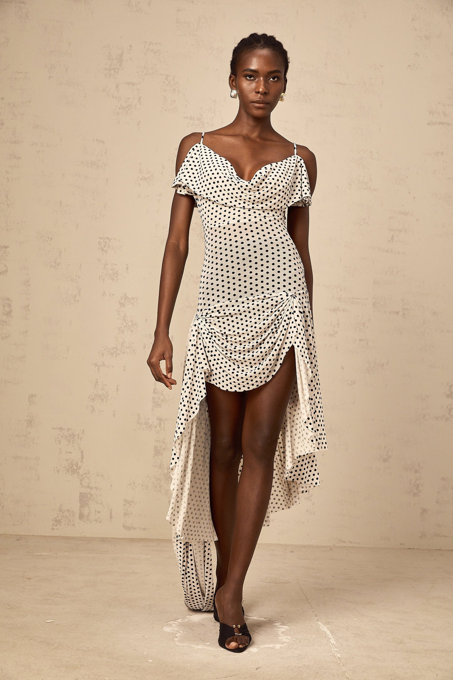 Véronica white polka-dot asymmetrical midi dress