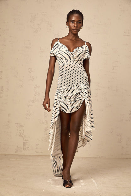 Véronica white polka-dot asymmetrical midi dress