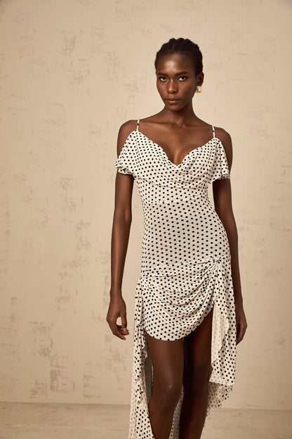 Véronica white polka-dot asymmetrical midi dress