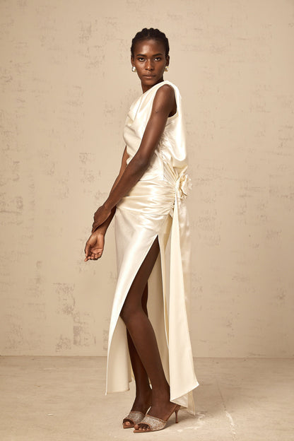 Théoline white flower backless satin midi dress