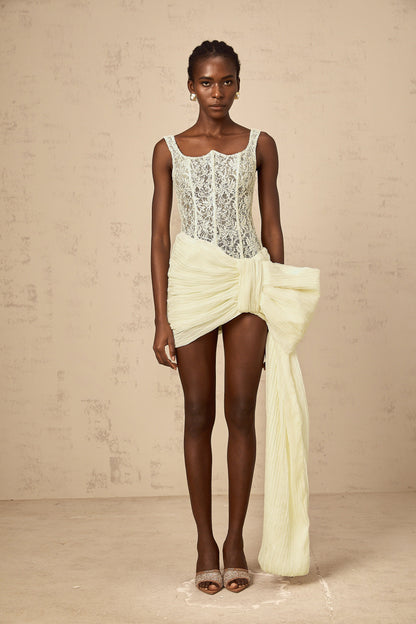 Gabrielle neutrals bowknot floral-lace-penal mini dress