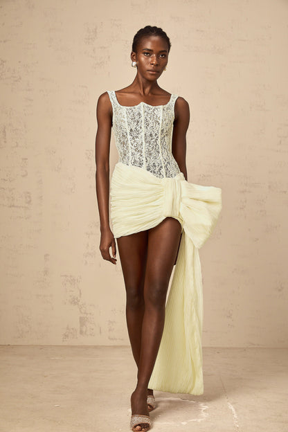 Gabrielle neutrals bowknot floral-lace-penal mini dress