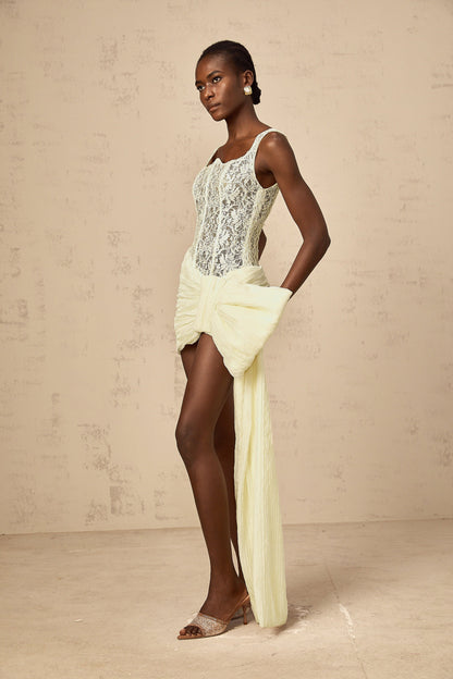 Gabrielle neutrals bowknot floral-lace-penal mini dress