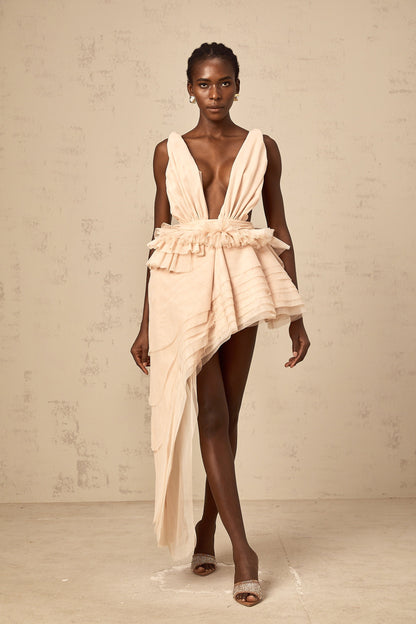 Isoline ribbon-design asymmetrical mini dress in Neutrals