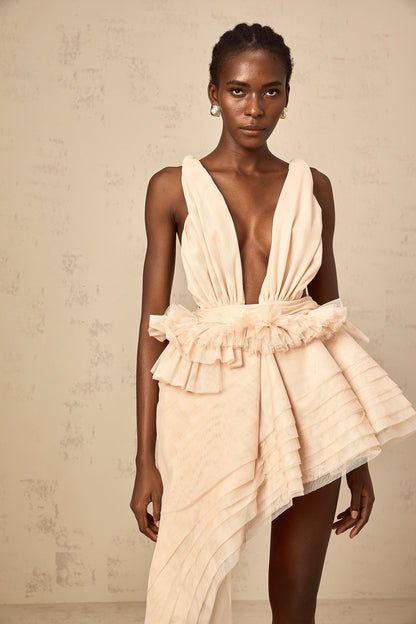 Isoline ribbon-design asymmetrical mini dress in Neutrals