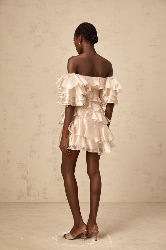 Cerise asymmetrical flounce mini dress in Neutrals
