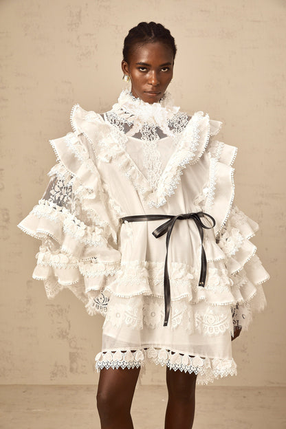 Mylène white tied layered lace mini dress