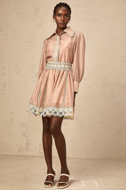 Zazie salmon-pink lace-trim shirt & skirt matching set