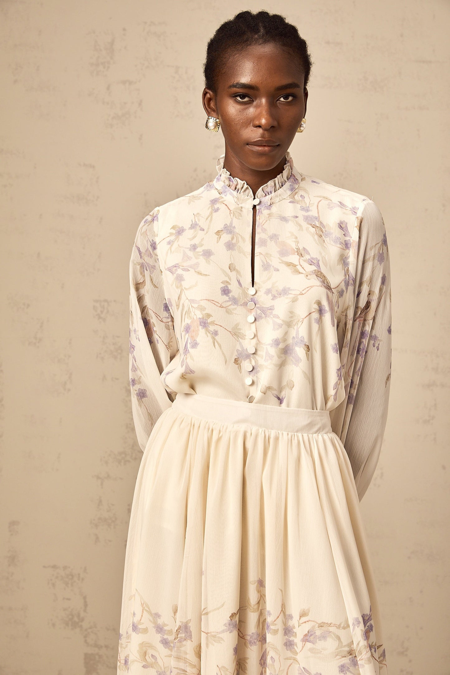 Siena frilled wistaria-print shirt & skirt matching set