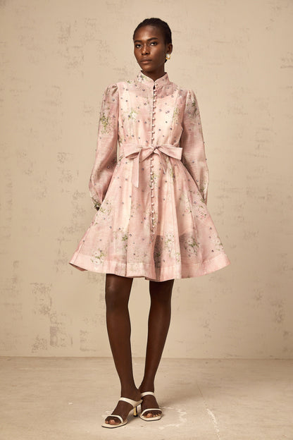 Narcisse pink embellished floral-print mini dress